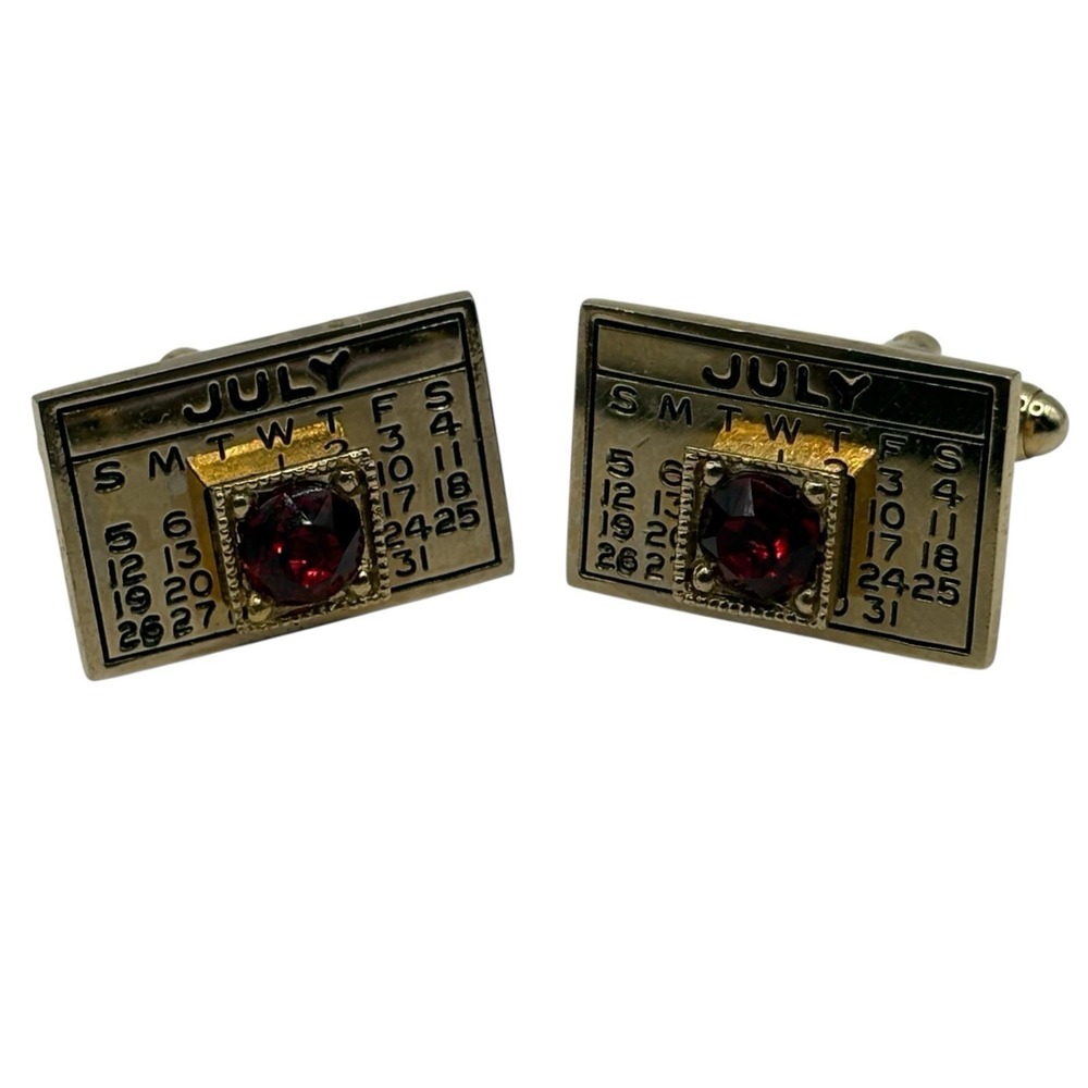 July Cufflinks Calendar Red Rhinestone Patriotic Fourth‎ Of July VTG Gold Tone